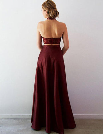 TWO PIECE LACE A-LINE SPLIT FRONT FLOOR-LENGTH HALTER PROM PARTY GOWNS HZ1023